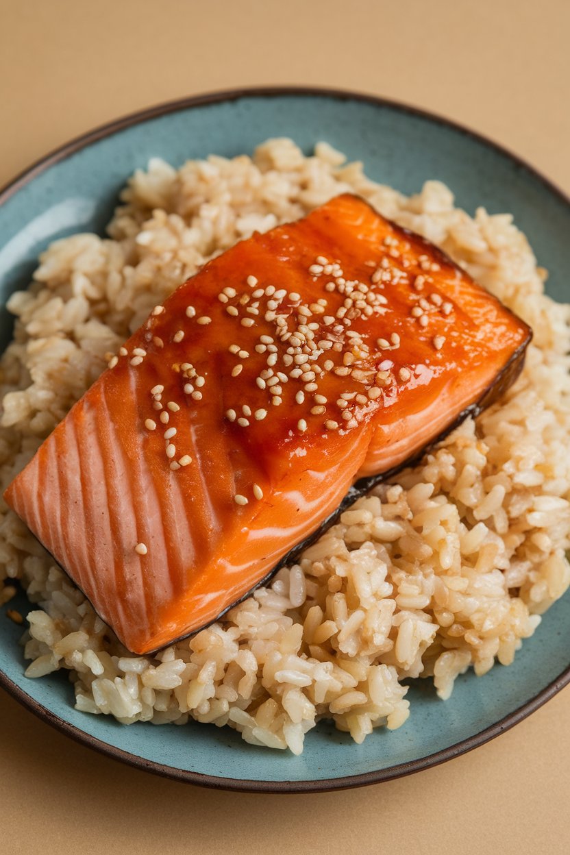 An indoor plating of glazed cooked salmon fillet over fluffy brown rice, sesame seeds sprinkled on top. No logos or text.