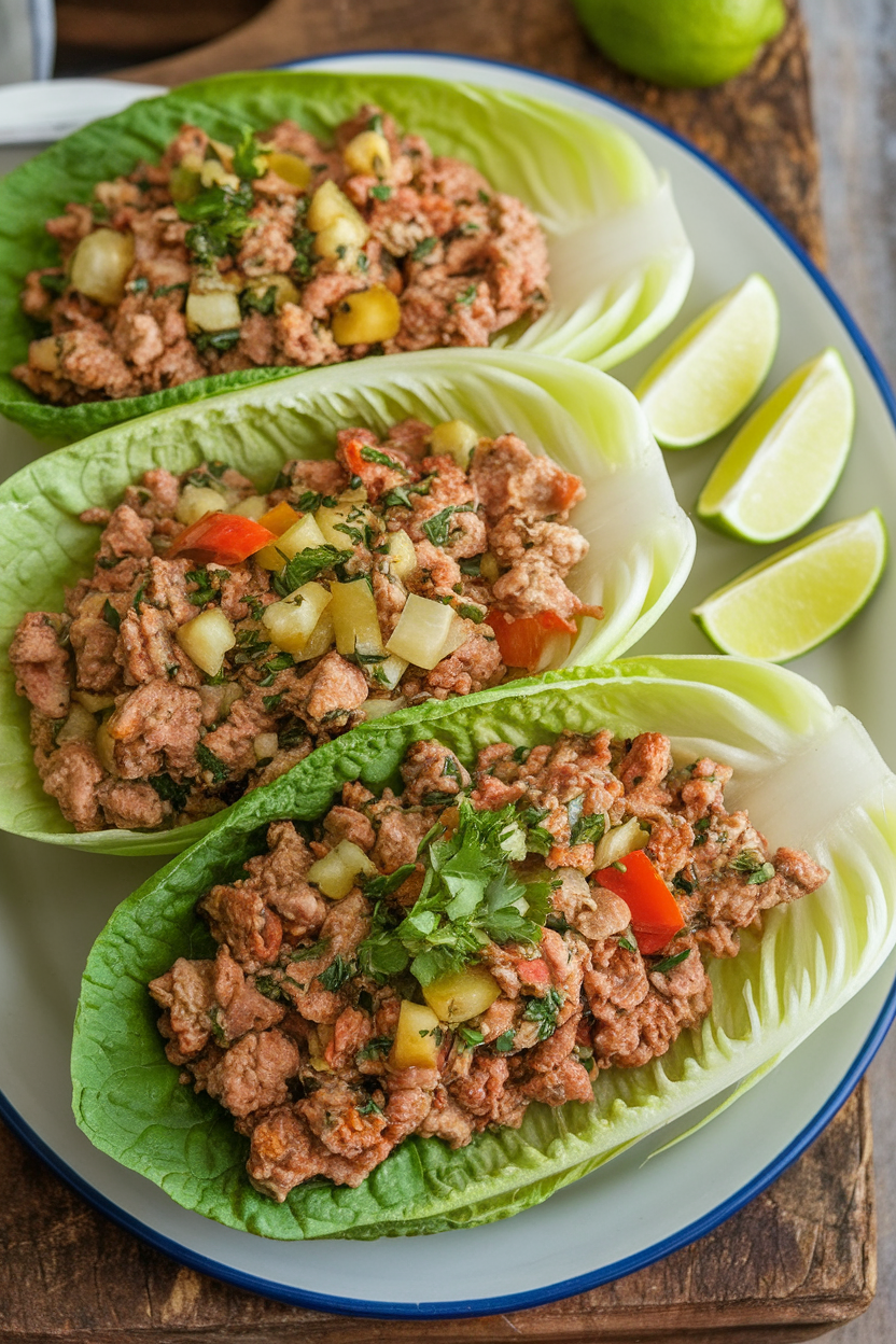 An indoor platter with crisp romaine leaves filled with ground turkey sautéed with herbs, diced bell pepper, and water chestnuts, lime wedges on the side. No text or logos; photo.