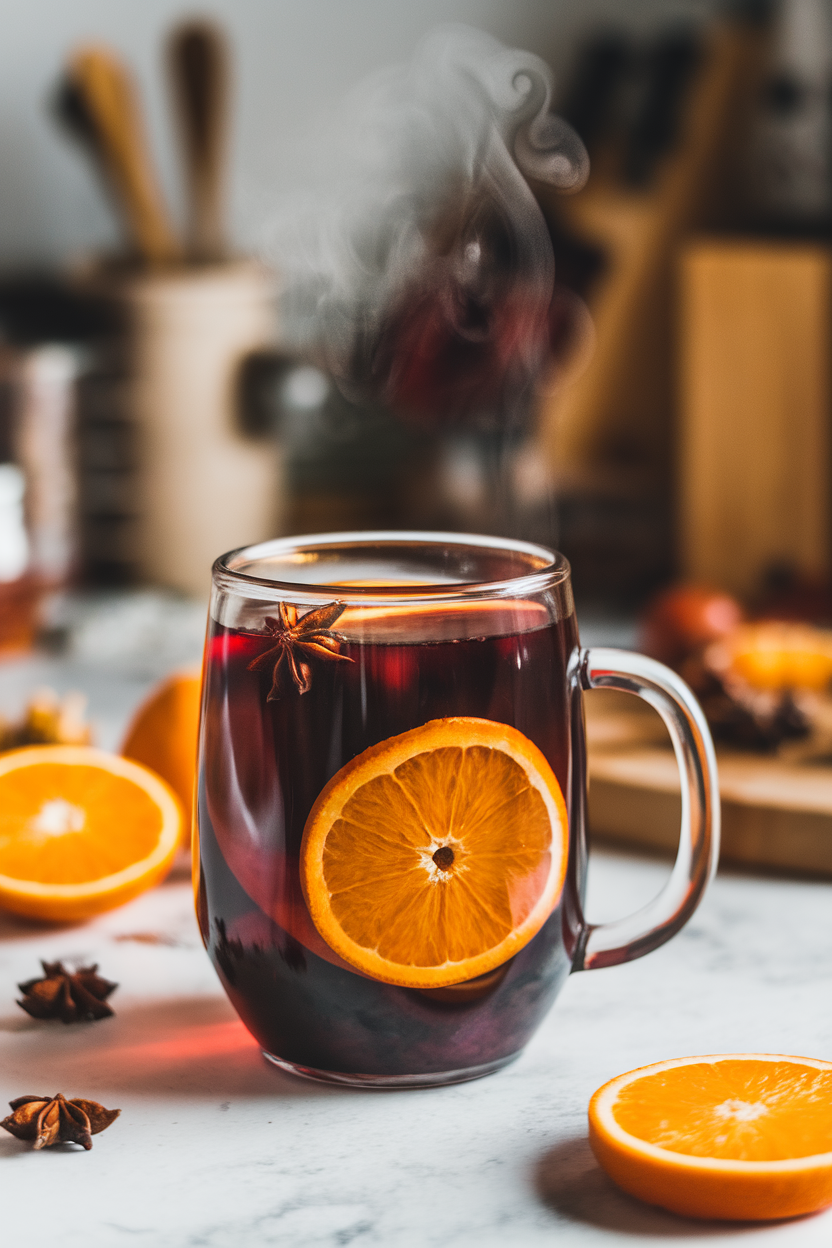 An indoor kitchen table with a heat-safe glass mug of deep-ruby mulled wine, steam curling upward alongside orange slices and star anise floating on the surface. No text or logos; photograph, not illustration.