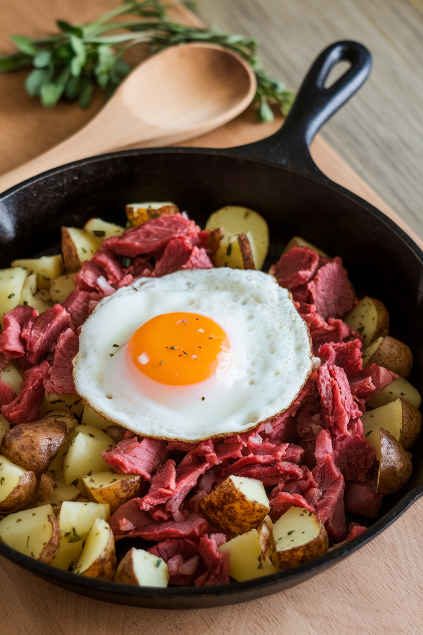 A cast-iron skillet indoors featuring crispy diced potatoes mixed with corned beef and onions, topped with a sunny-side egg, no text or logos.