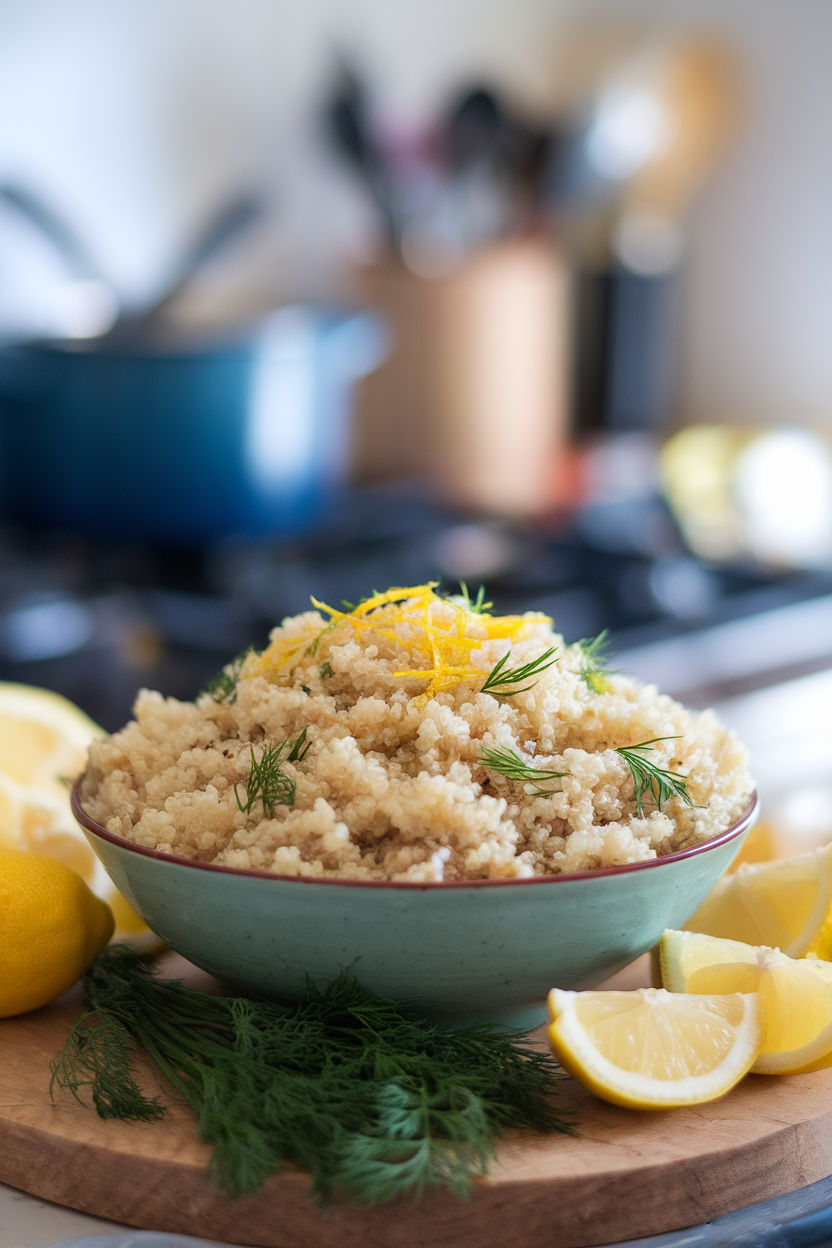 A shallow indoor bowl of fluffy quinoa speckled with fresh dill and lemon zest. Photo, no text or logos.