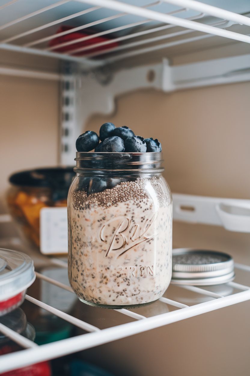A refrigerator shelf featuring a mason jar of overnight oats topped with blueberries and chia seeds, lid resting nearby. No text or logos. Photo.