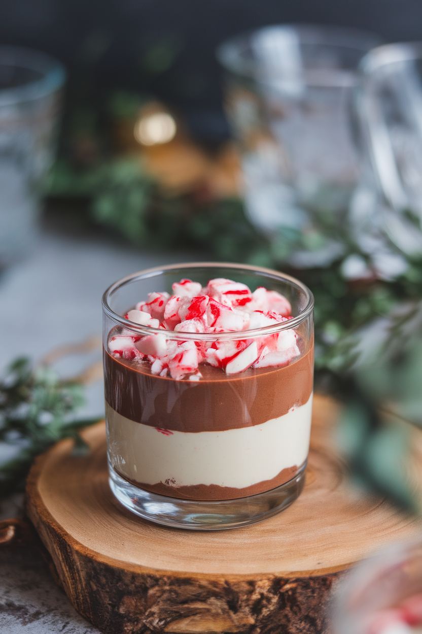 Clear glasses indoors holding layered chocolate and peppermint panna cotta, candy cane crumble on top. No text or logos.</Prompt