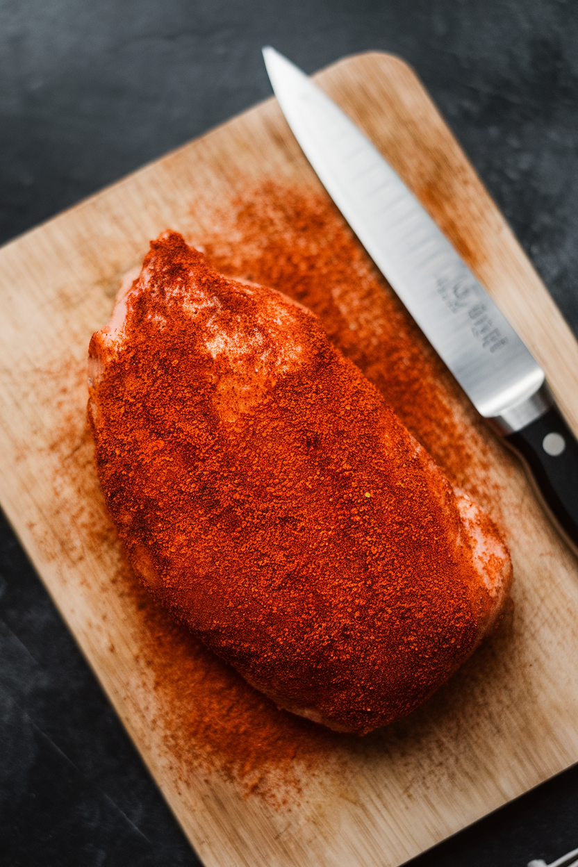 Indoor cutting board holding air-fried chicken breast coated in deep-red smoked paprika blend, knife alongside, overhead angle. No text or logos.
