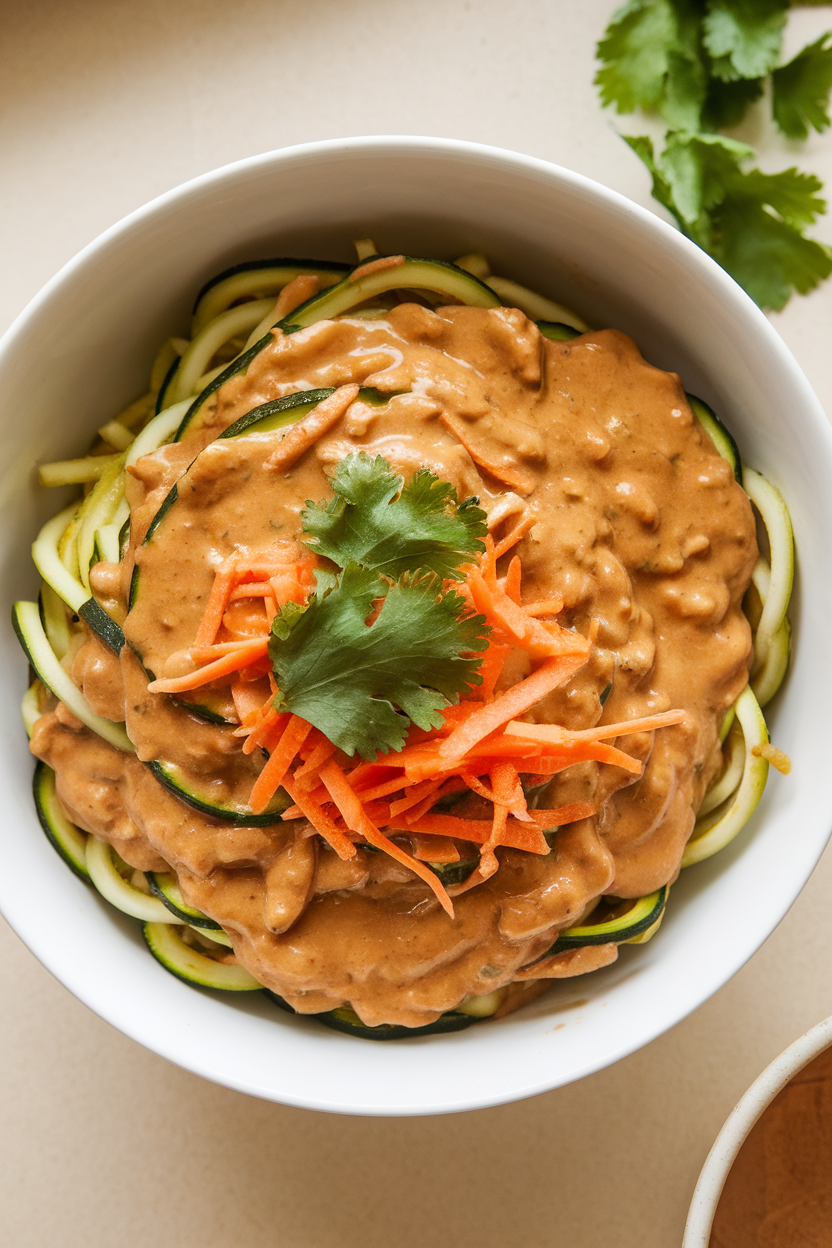 Indoor bowl of zucchini noodles coated in peanut sauce, garnished with shredded carrot and cilantro, photographed overhead. No text or logos.