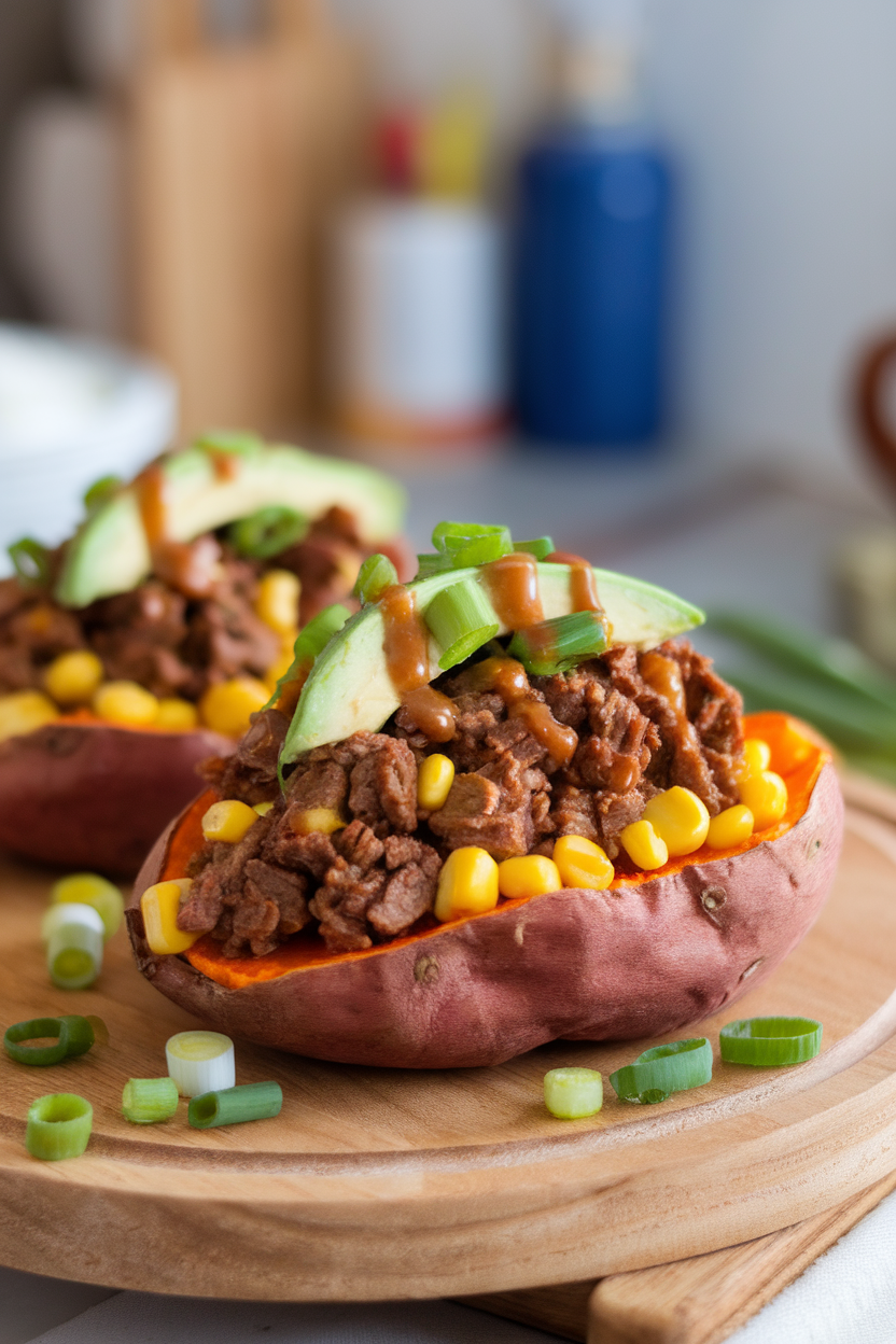 Indoor dish of halved baked sweet potatoes piled high with seasoned beef, corn, and avocado—no text or logos.