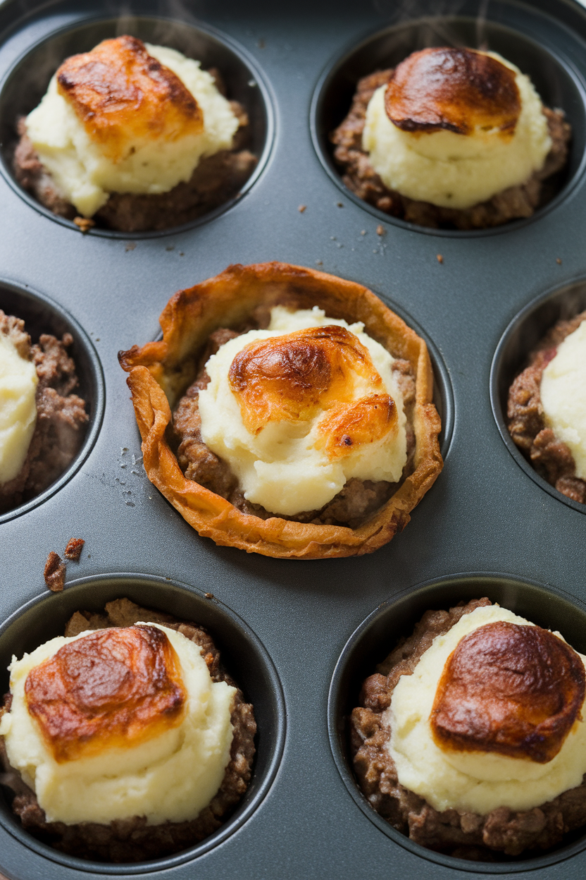An indoor muffin tin holding individual shepherd’s pies: browned mashed potato tops over savory meat filling, no logos.