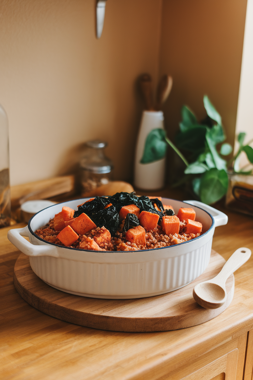 A warmly lit indoor kitchen counter with a white ceramic casserole dish holding cubed sweet potatoes, ground turkey, red quinoa, and wilted spinach, lightly browned on top—captured from a 45-degree angle. Photo only, no text or logos anywhere in frame.