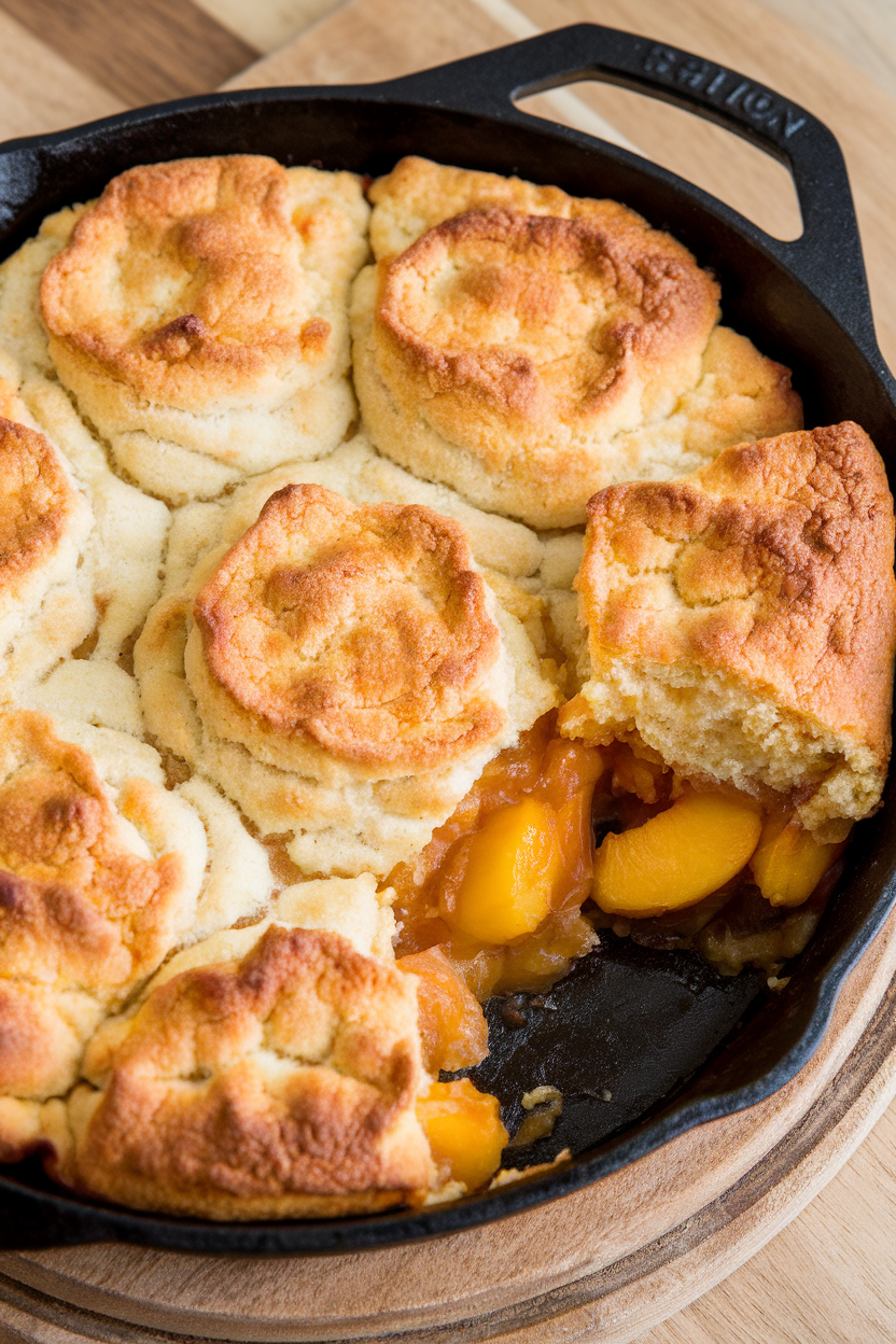 Indoor cast-iron skillet with bubbling peach cobbler, biscuit topping golden, a scoop missing to reveal filling. No text or logos.