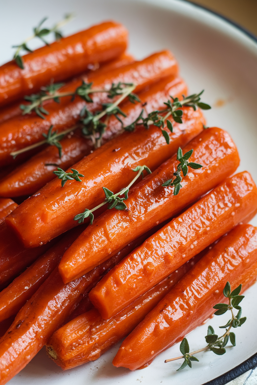 Close-up indoor shot of glossy cooked carrot batons coated in a maple glaze, sprinkled with fresh thyme leaves, on a white platter. No text or logos present.