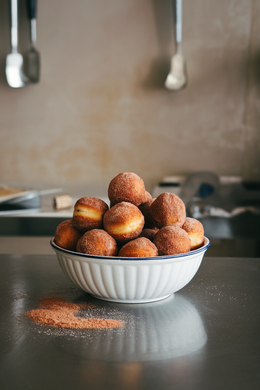 Indoor bakery counter showing a bowl of cinnamon-sugar coated doughnut holes, no text or logos