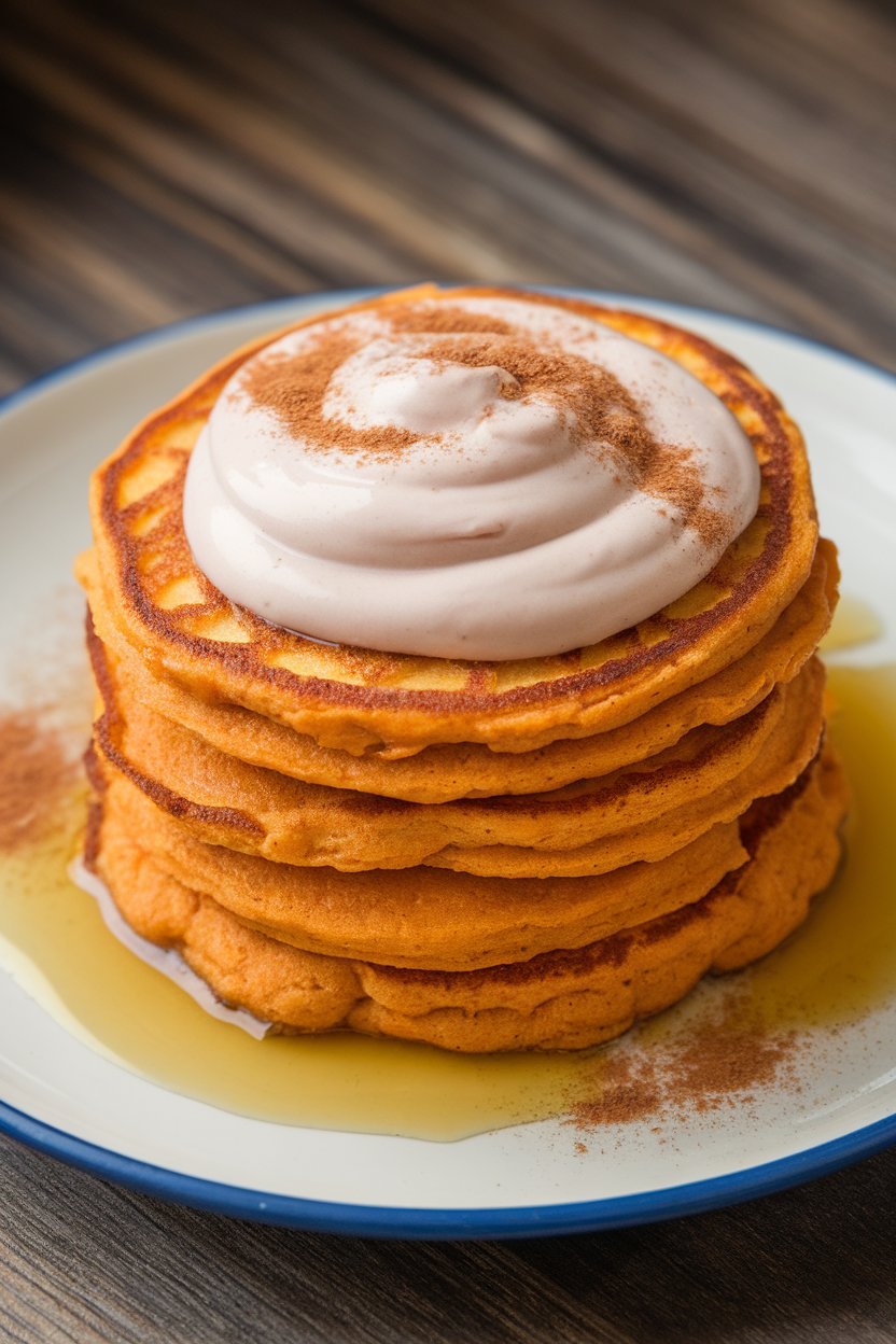 Indoor breakfast plate of fluffy sweet potato pancakes topped with a swirl of yogurt and sprinkle of cinnamon. No text or logos.