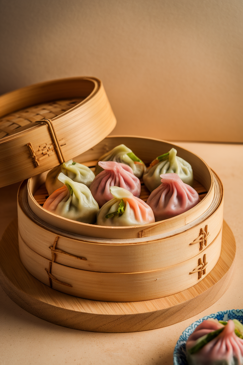 Indoor photo of a bamboo steamer holding colorful steamed dumplings filled with veggies, no text or logos. Photo.
