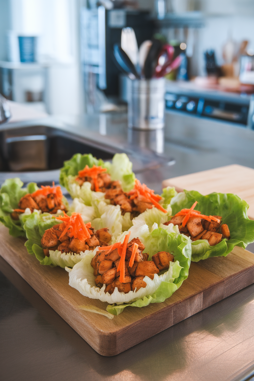 Photo of butter-lettuce cups filled with diced teriyaki chicken and shredded carrots, indoor kitchen island. No text or logos.</Prompt
