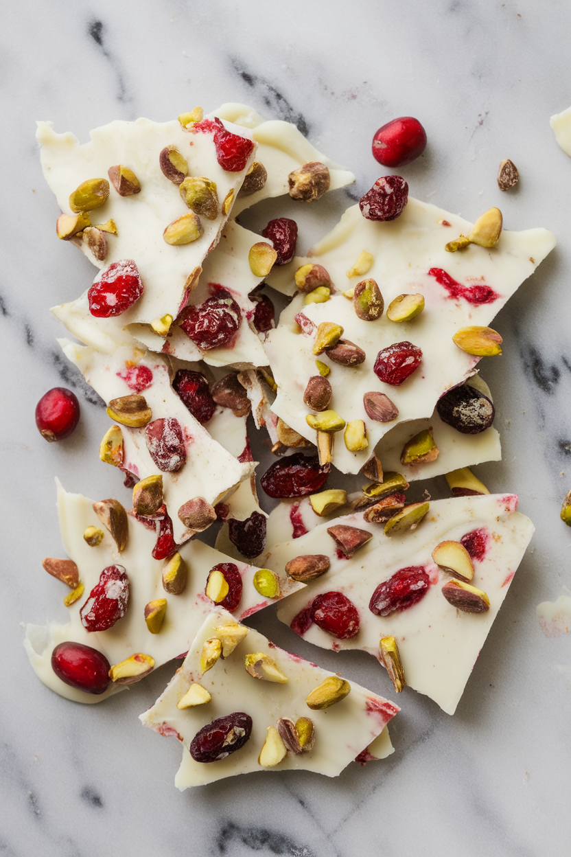 Shards of white chocolate bark studded with cranberries and pistachios on a marble indoor surface. No text or logos.</Prompt