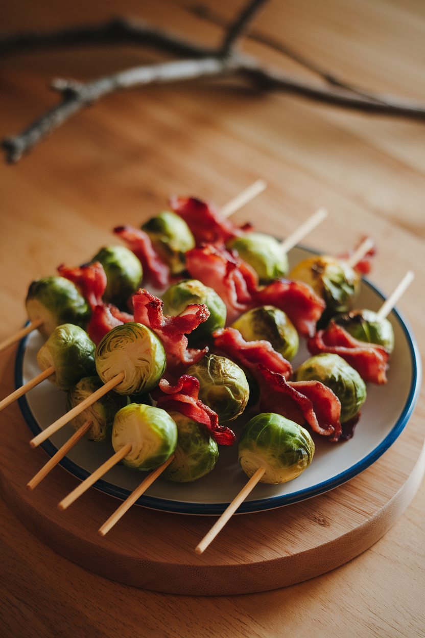 An indoor plate holding short skewers alternating roasted Brussels sprout halves and crispy bacon pieces, no logos.