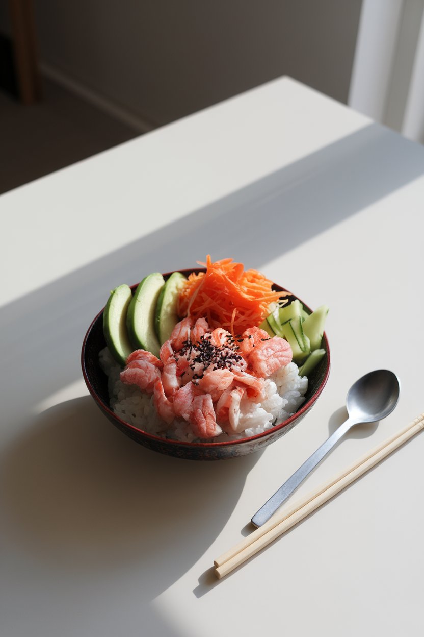 A brightly lit indoor table showing a bowl of sushi rice topped with cooked crab meat, sliced avocado, shredded carrot, cucumber ribbons, and sesame seeds. No text or logos; photo only.