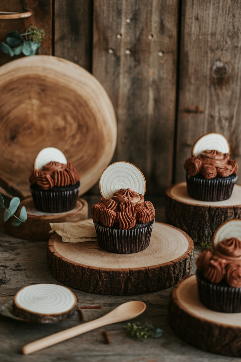 Photo of indoor woodsy dessert setup showing cupcakes with chocolate buttercream textured like tree bark and a white spiral slice exposed, no text or logos.