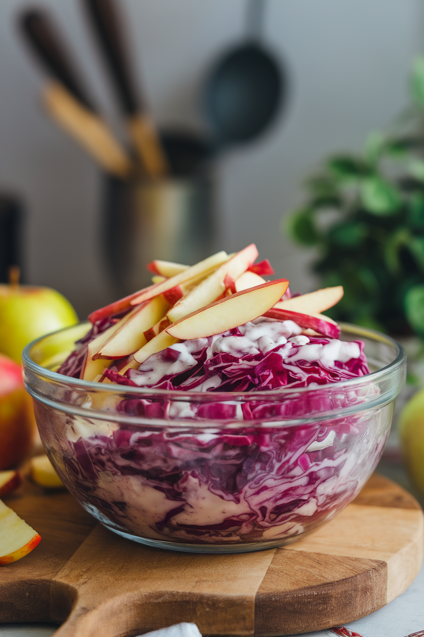 An indoor dining table showing a glass bowl of shredded red cabbage and apple matchsticks coated lightly in creamy dressing. No logos or text in frame. Photo.