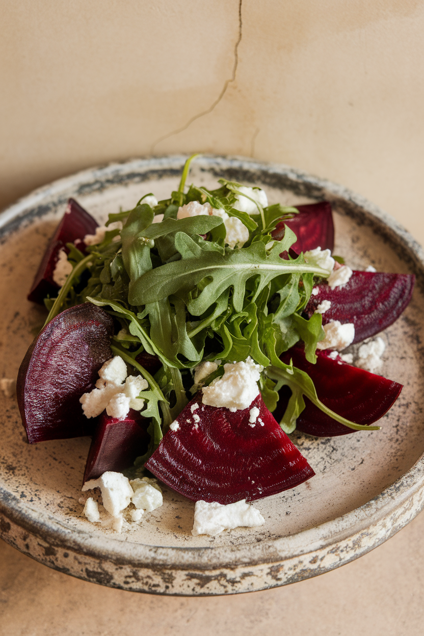 Indoor photo of deep red beet wedges, crumbled goat cheese, and baby arugula on a stoneware plate. No text or logos.