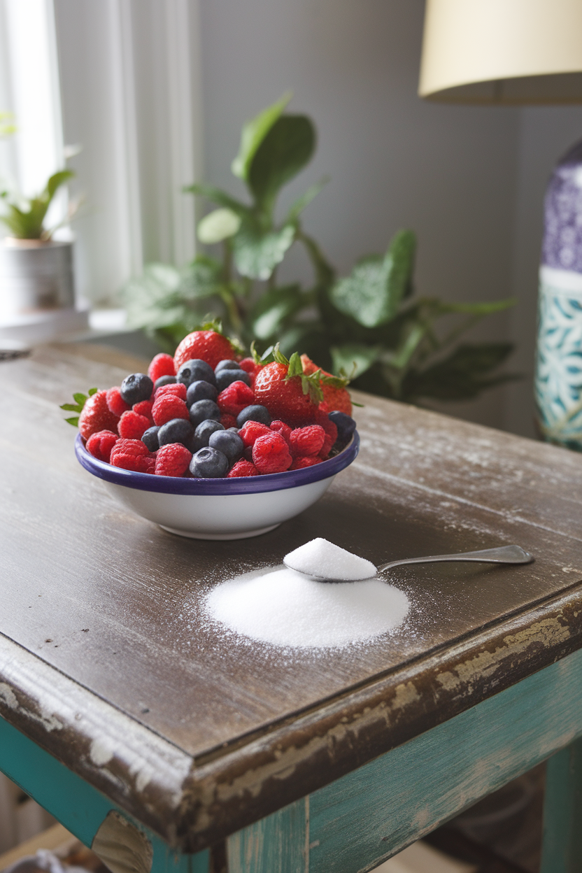 A teaspoon piled with white sugar next to a bowl of fresh berries on a wooden table, indoors. No text or logos. Photo, not illustration.