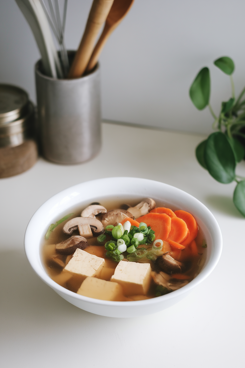 Indoor bowl of clear ginger-miso broth filled with mushrooms, tofu cubes, and sliced carrots, green onion sprinkled on top. No text or logos.