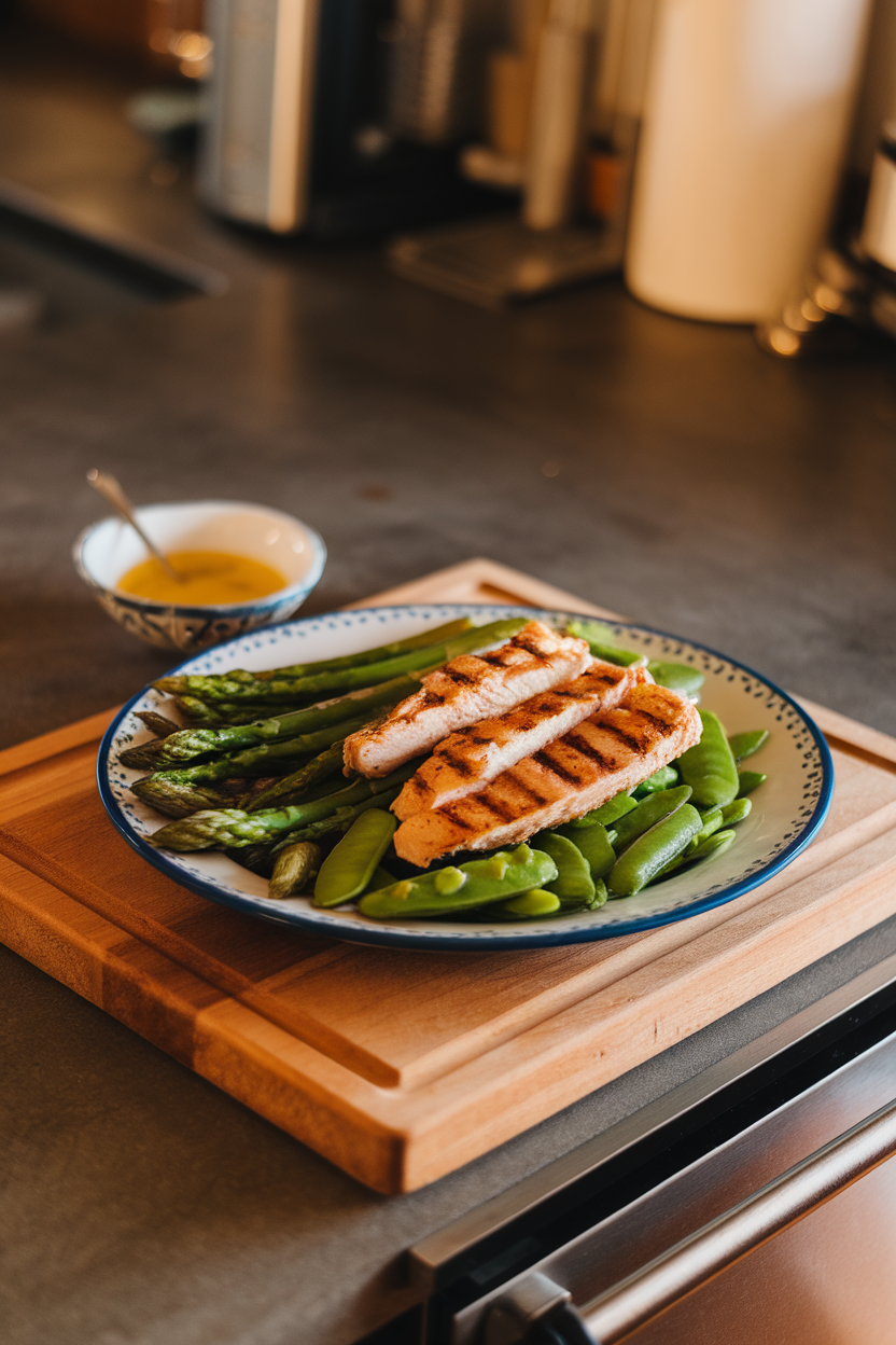 Indoor kitchen island featuring a plate of blanched asparagus pieces, snap peas, grilled chicken strips, and lemon vinaigrette — photo, no logos
