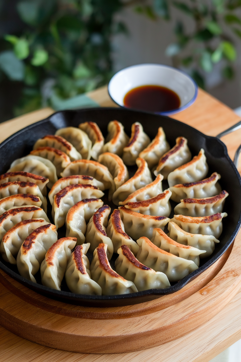 Photo of an indoor skillet displaying browned pork potstickers arranged in a spiral, small bowl of soy-vinegar dip nearby; no text or logos.