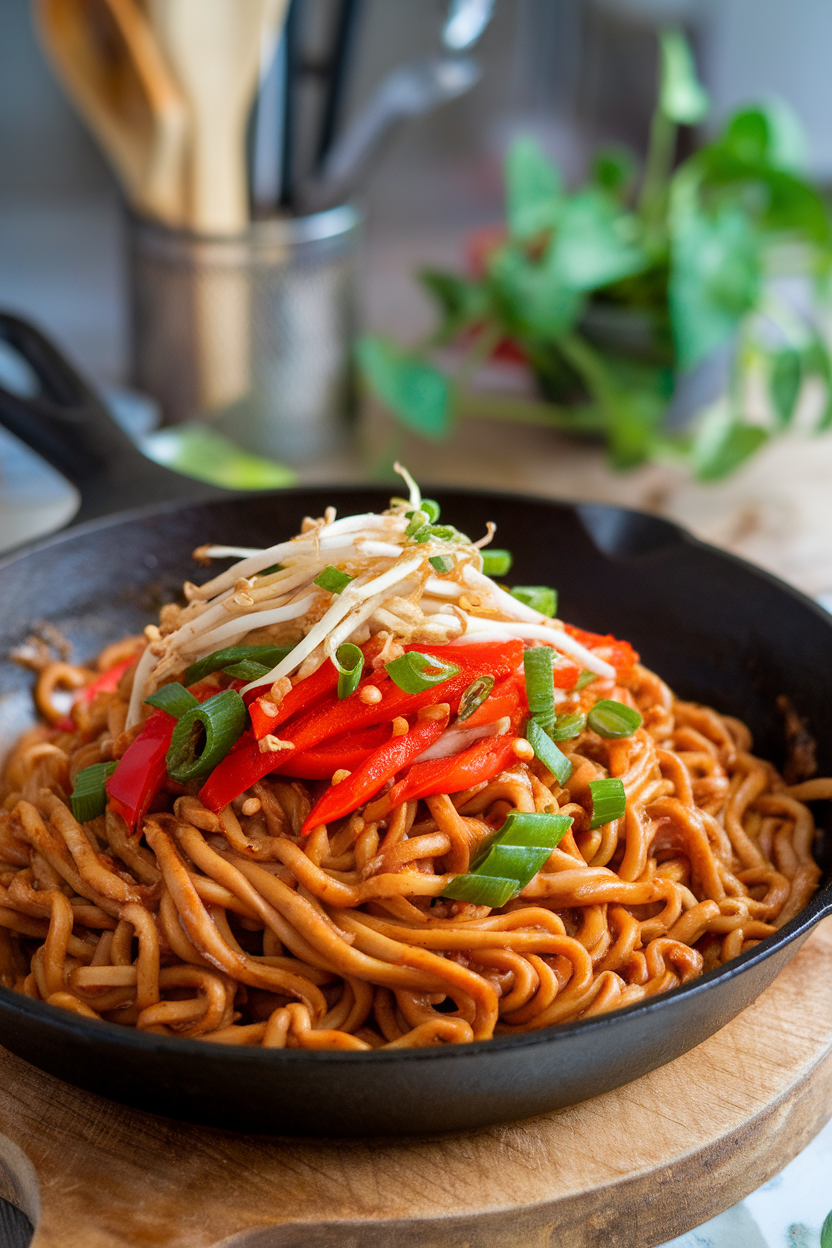 Skillet of peanut-sauce noodles topped with vegetables, indoor photo, no text or logos