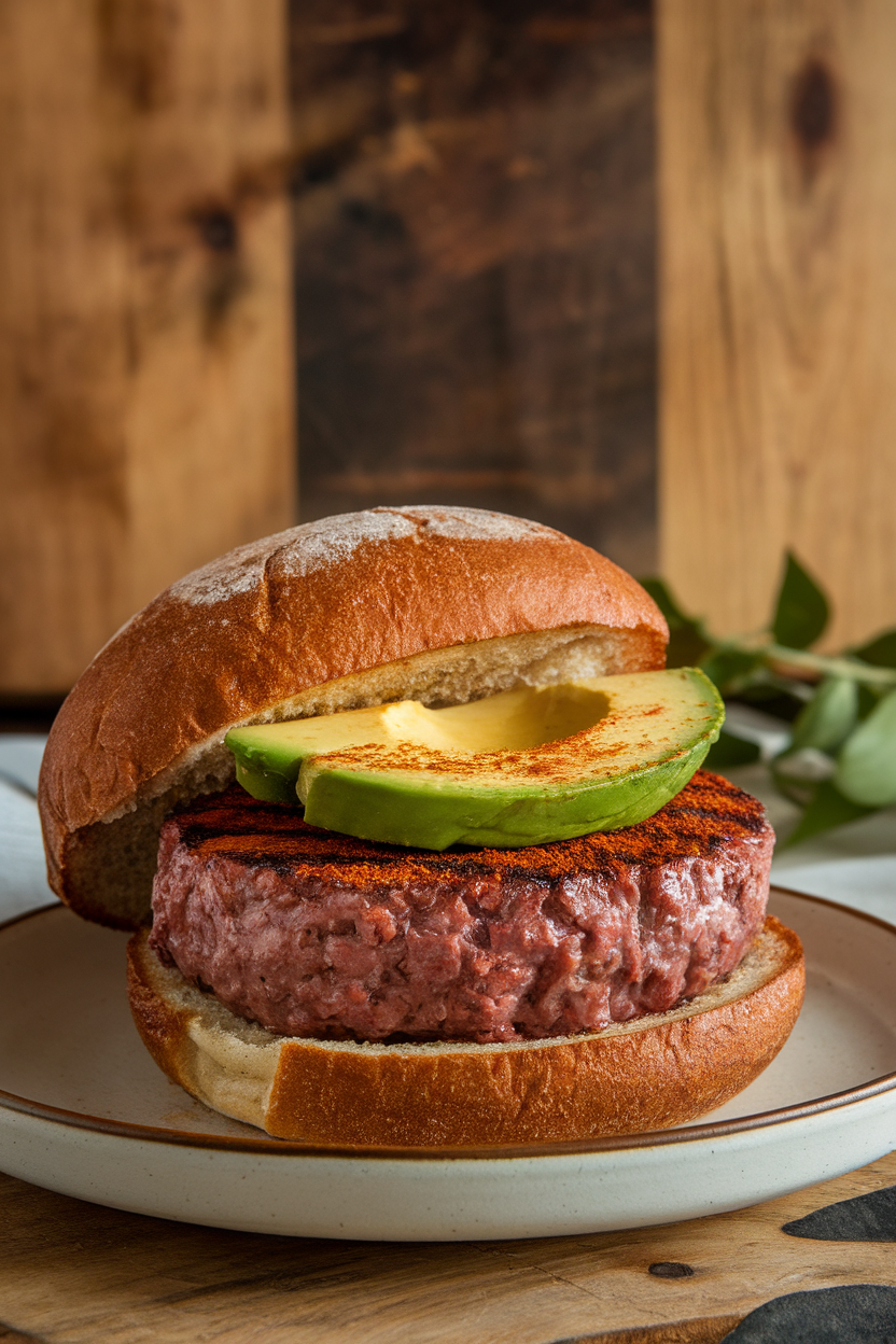 Photo of a beef burger seasoned with cocoa and chili powder, served with avocado wedges on a whole-grain bun indoors; no text or logos; photo, not illustration