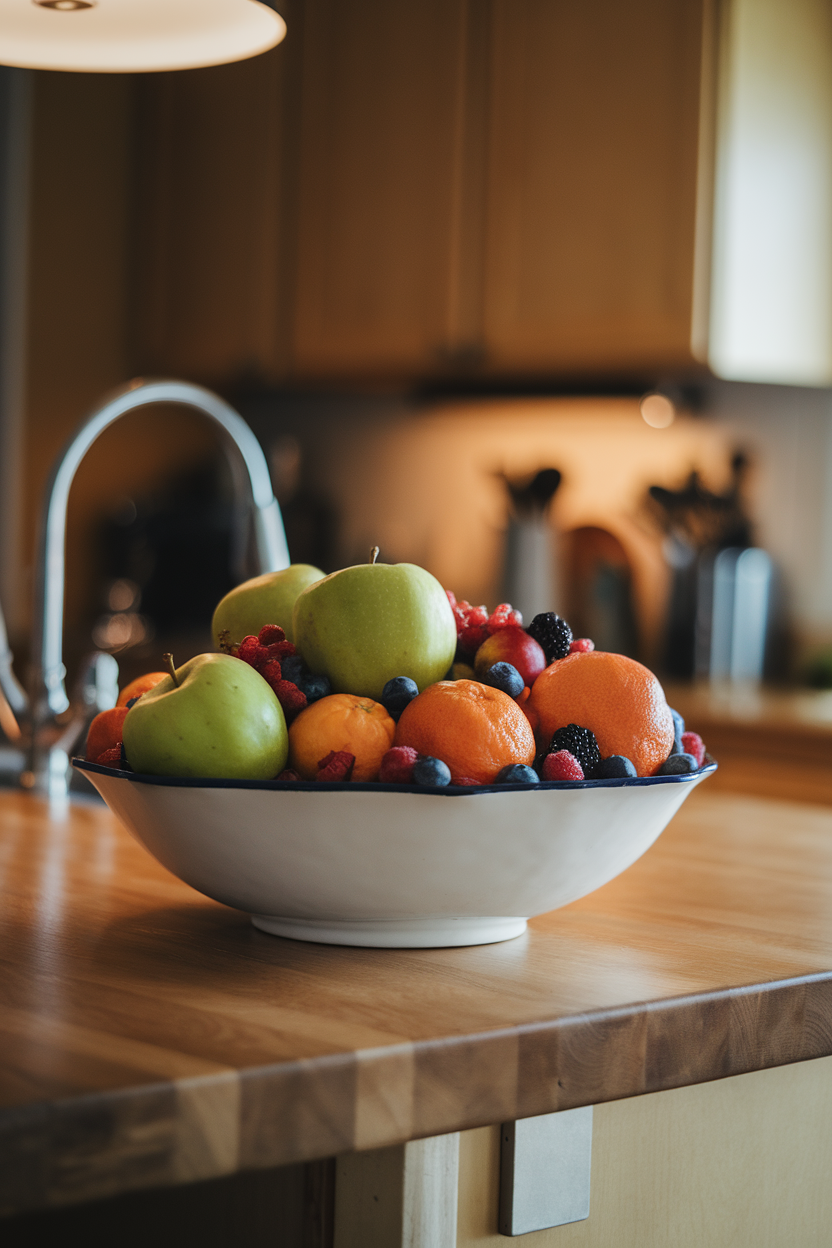 A white bowl of mixed whole apples, oranges, and berries on a kitchen island, soft indoor lighting; no text or logos; photo