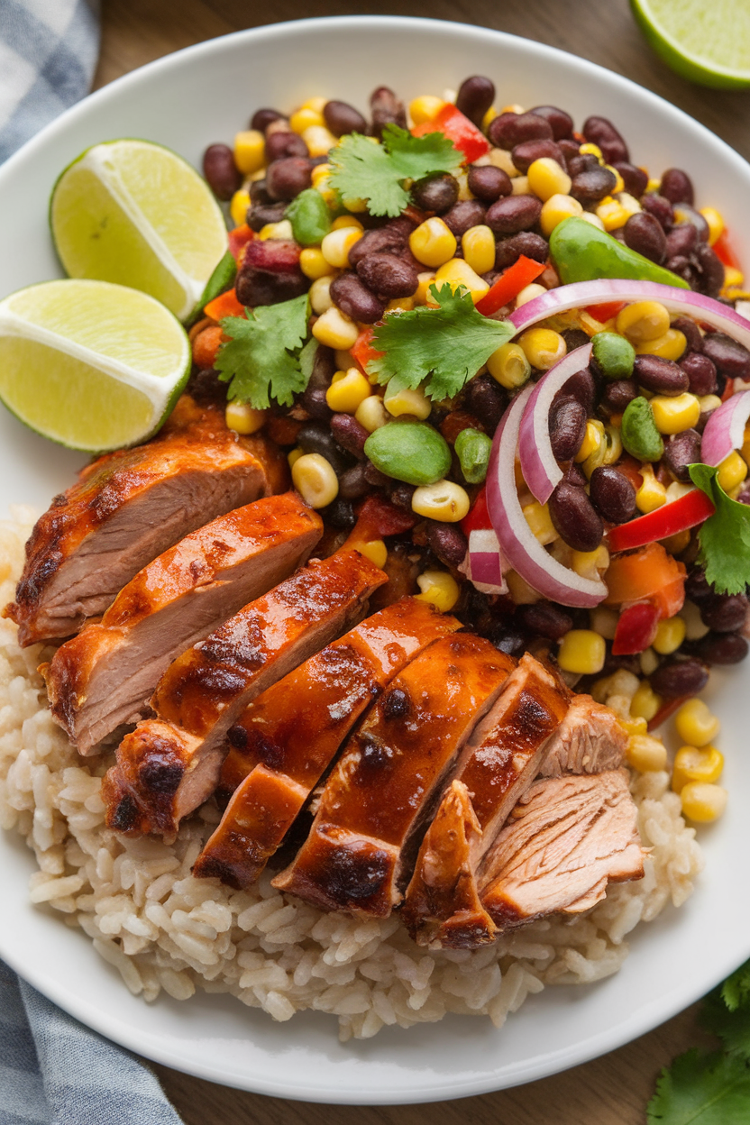 Indoor photo of sliced BBQ chicken, black bean-corn salad, and a scoop of brown rice on a dinner plate. No text or logos.