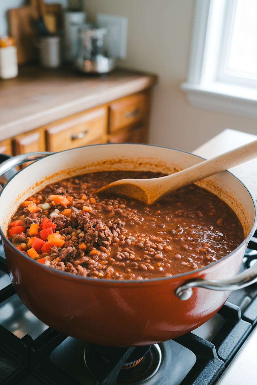 A pot of simmering beef and lentil chili on a range, indoor photo, no text or logos