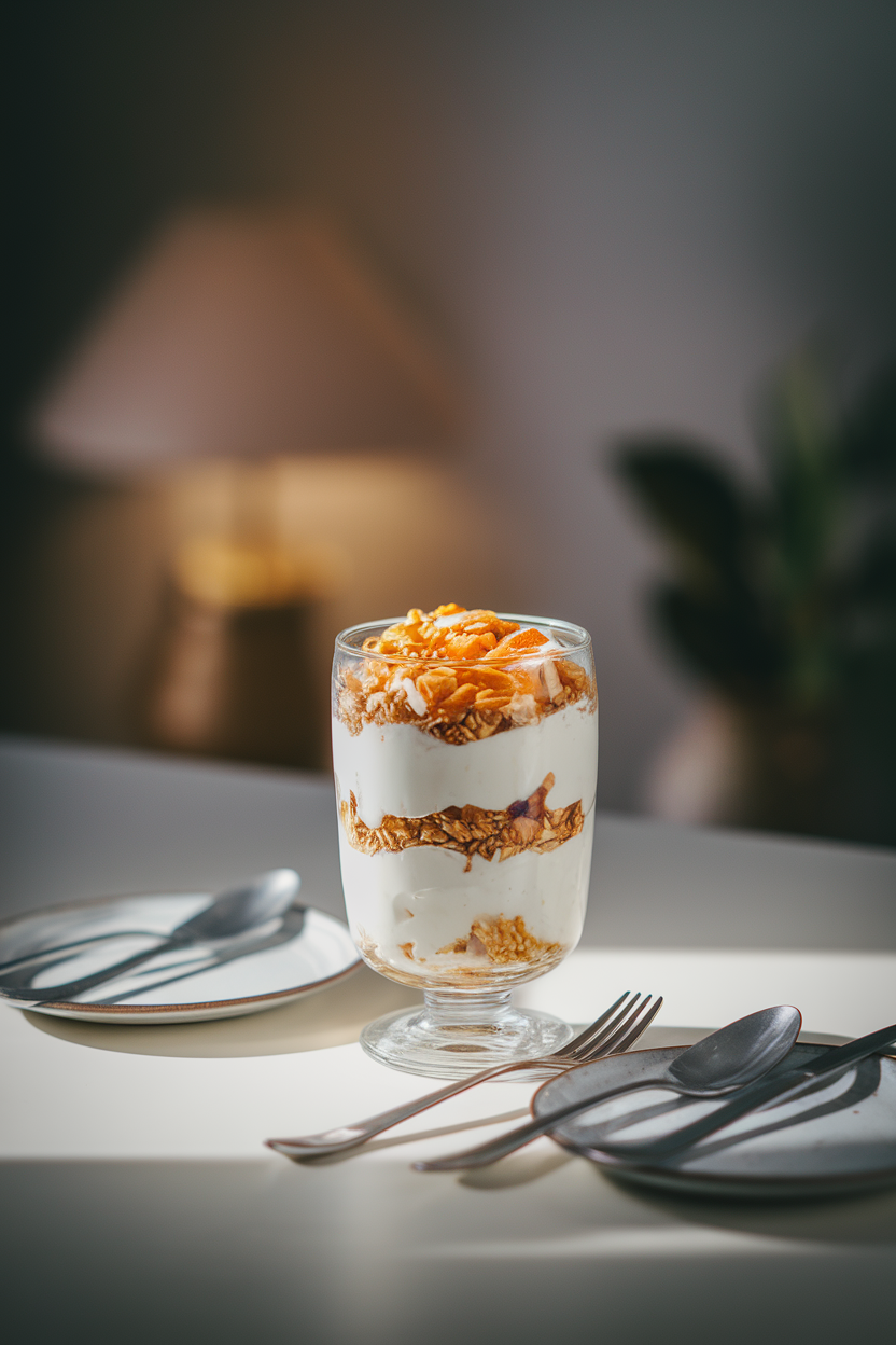 A softly lit indoor table setting with a clear glass parfait showing layers of thick Greek yogurt, granola, crushed almonds, and a light drizzle of honey on top. No labels or branding visible.