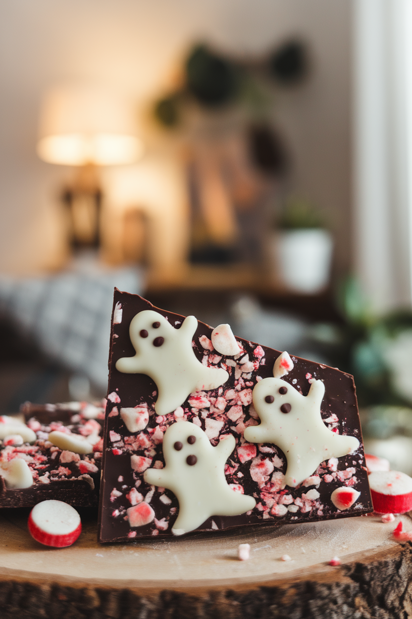 Dark chocolate bark with crushed peppermint and white chocolate ghost shapes, indoor tabletop, no text or logos.
