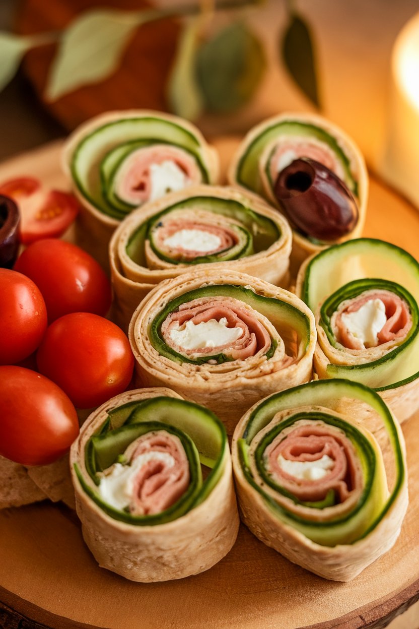 An indoor party platter of sliced whole-wheat tortillas rolled with turkey, cucumber ribbons, and light cream cheese. Photo, no text or logos.