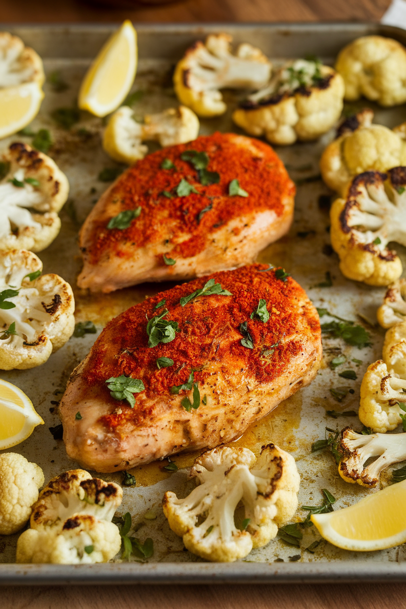 Photo of harissa-rubbed chicken breasts alongside roasted cauliflower florets on a sheet pan, shot indoors. No text or logos.</Prompt