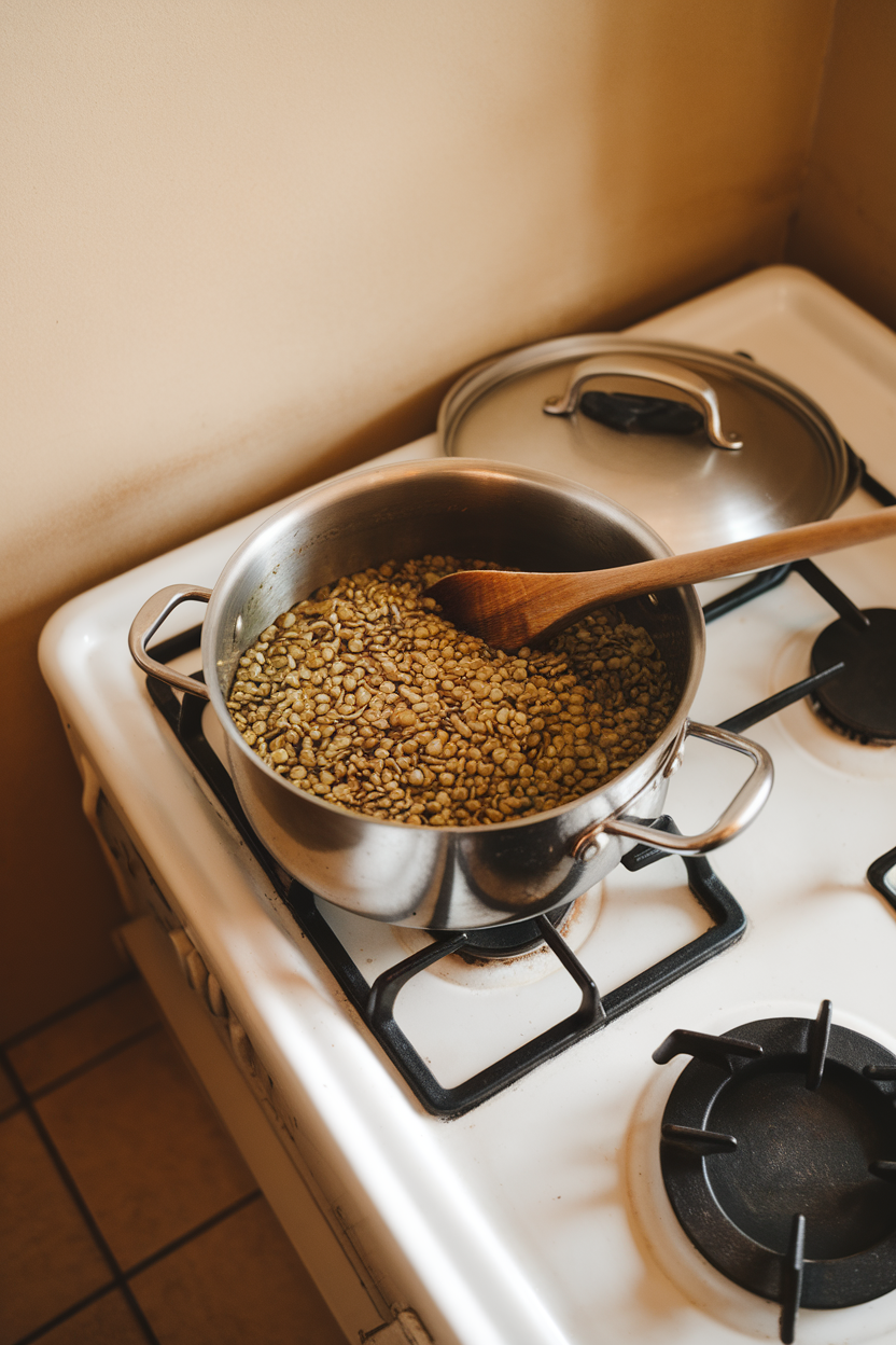An indoor stovetop scene featuring a pot of simmering green lentils with steam rising, no brand names or logos in view.