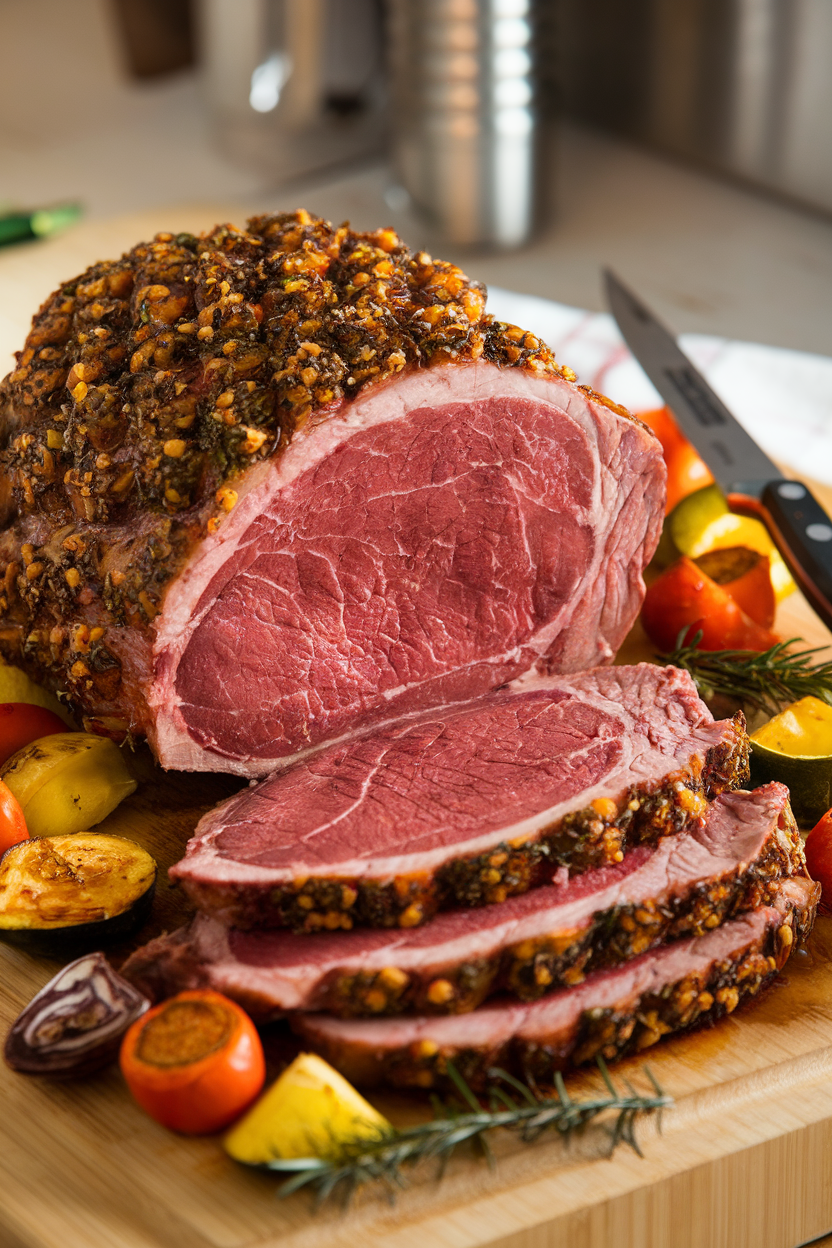 Indoor carving board supporting a medium-rare prime rib roast with a crust of garlic and herbs, a slicing knife nearby; no text or logos