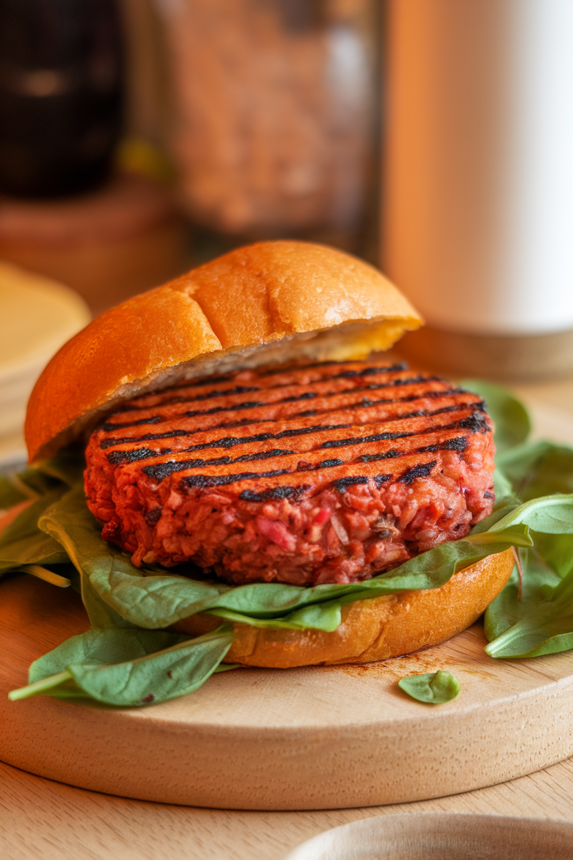 Photo of a colorful sweet potato and black rice burger bun-less on a bed of spinach, indoor warm light; no text or logos; photo, not illustration