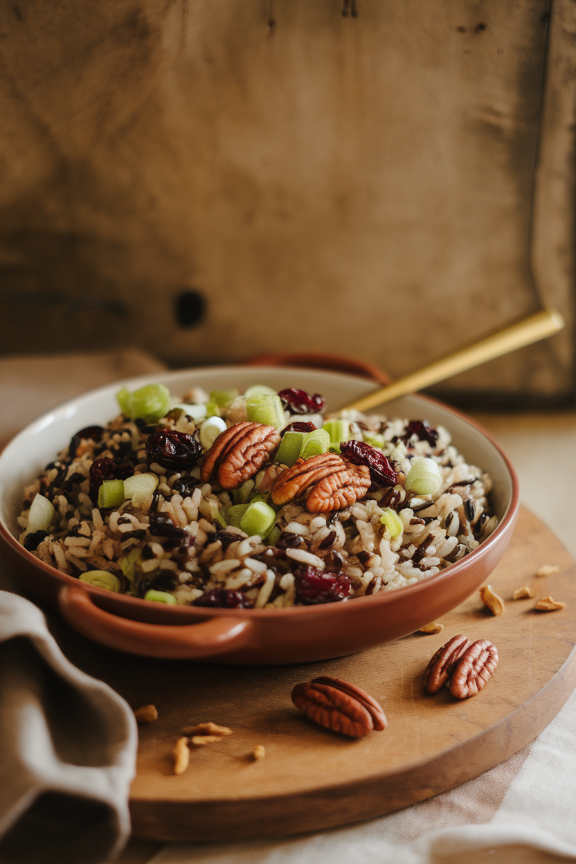 A warmly lit indoor serving dish filled with wild rice mixed with dried cranberries, chopped scallions, and toasted pecans. No logos or text; photo only.