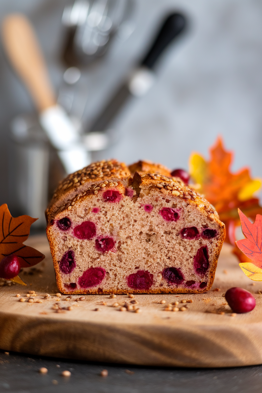 An indoor cutting board with a sliced loaf revealing ruby cranberries and tiny amaranth grains, autumn leaves decor. No text or logos. Photo only.