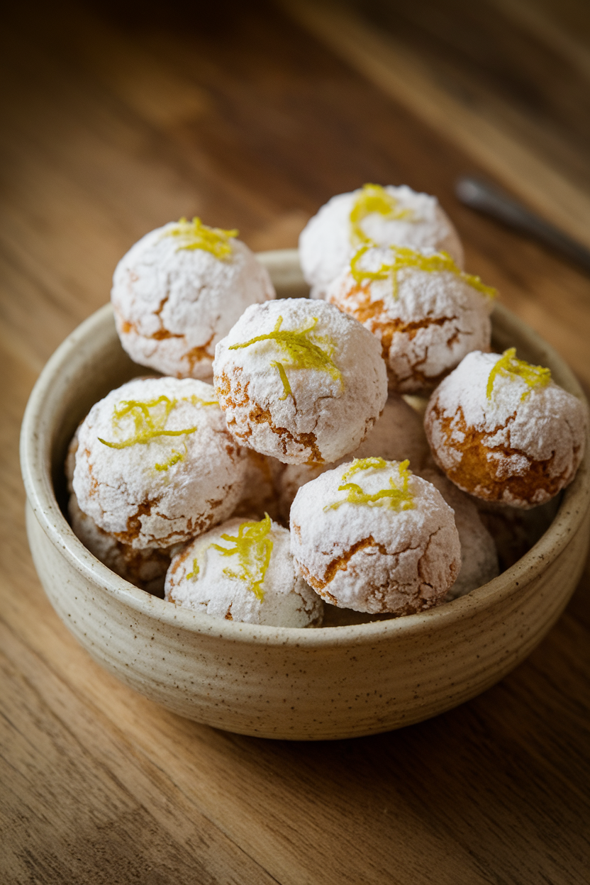 Indoor ceramic bowl with round coconut lime cookies rolled in powdered sugar, lime zest sprinkled on top. Photo, no text or logos.