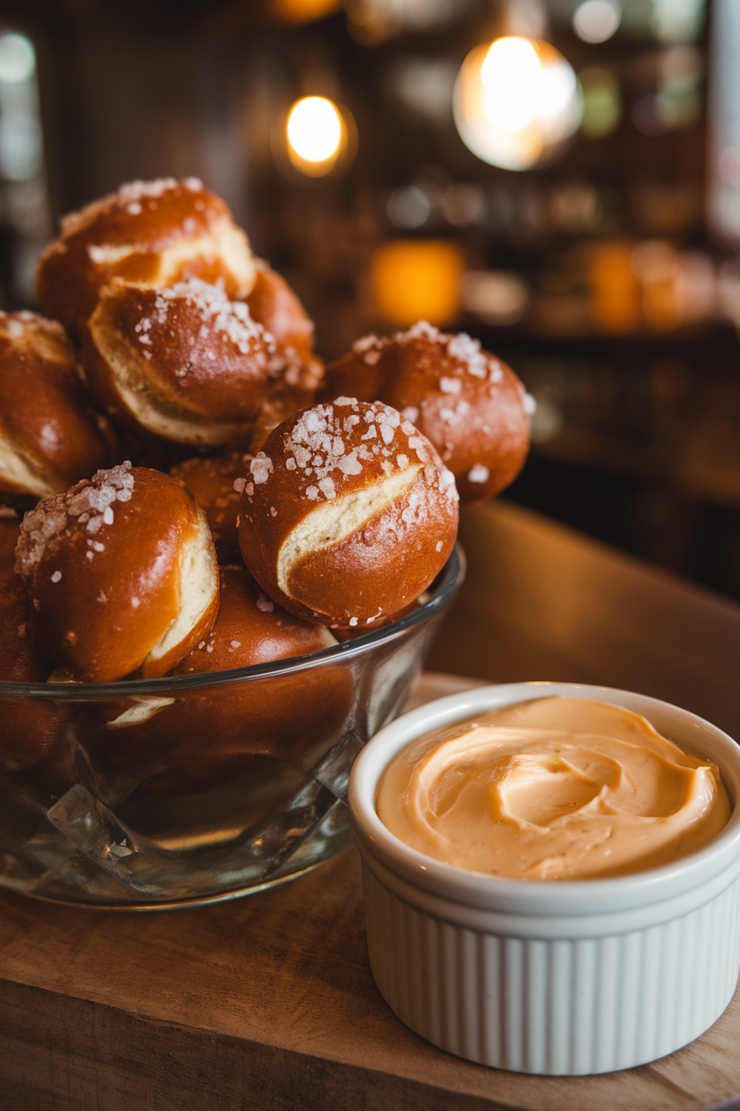 Photo of an indoor bowl of soft pretzel bites dusted with coarse salt, next to a ramekin of creamy beer cheese; cozy pub-style lighting, no text or logos