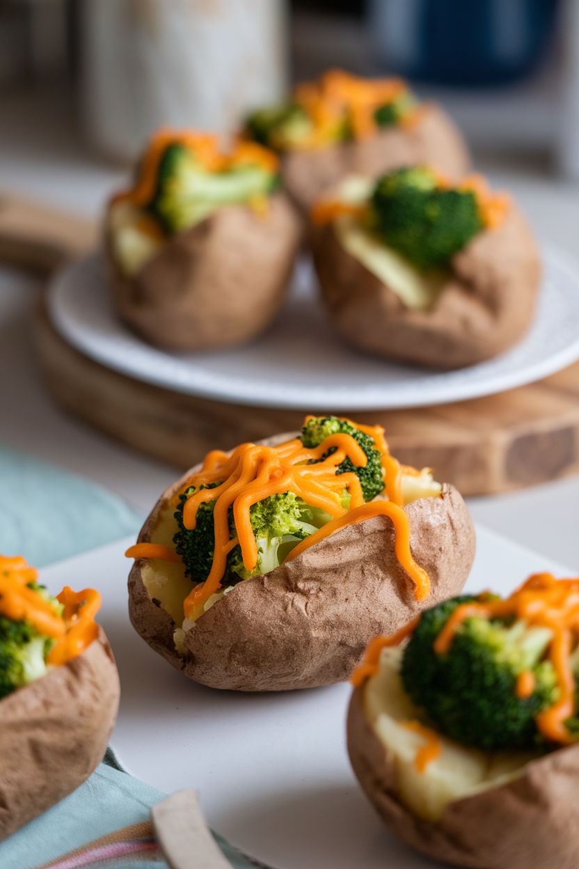 Indoor photo of baked potatoes split and filled with steamed broccoli florets and melted sharp cheddar; no text or logos.