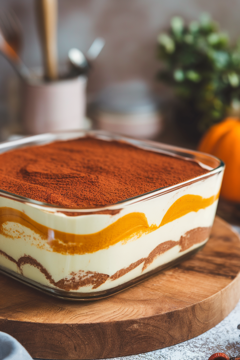 Indoor photo of layered tiramisu in a glass dish with cocoa dusting and pumpkin swirl, no text or logos.