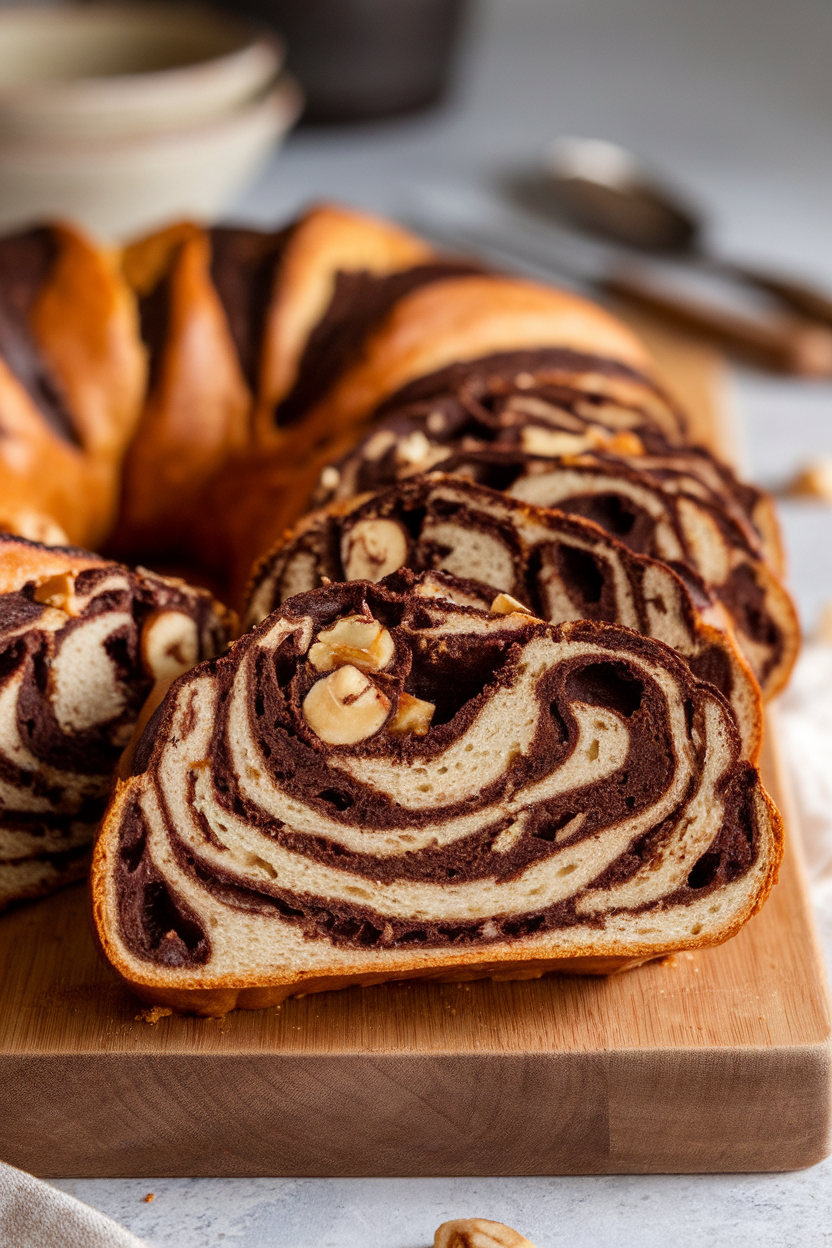 Indoor photo of sliced chocolate hazelnut babka showing swirled filling, placed on a wooden cutting board, no text or logos