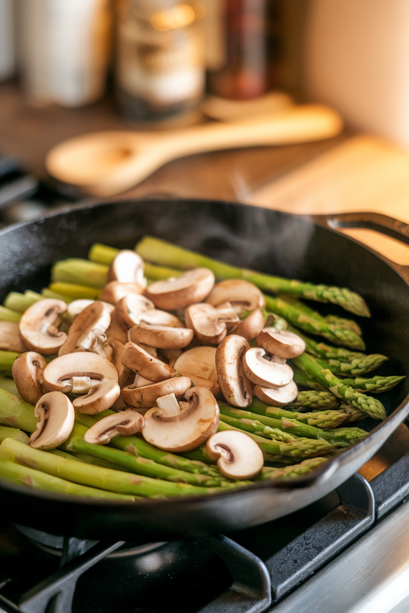 A cast-iron skillet on an indoor stovetop filled with bright asparagus pieces and sliced mushrooms lightly sauced. No logos or text. Photo only.