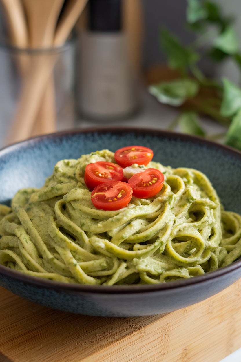 Indoor bowl containing one cup of linguine coated in green avocado sauce, dotted with halved cherry tomatoes. No text or logos.