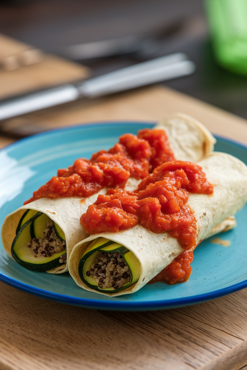 An indoor dining table featuring quinoa-stuffed zucchini ribbons rolled in whole-wheat tortillas, topped with fire-roasted tomato sauce, no text or logos visible.